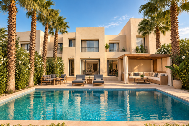 Argan Golf: Villa à louer meublée, front golf, 4 Ch, Jardin et Piscine privative